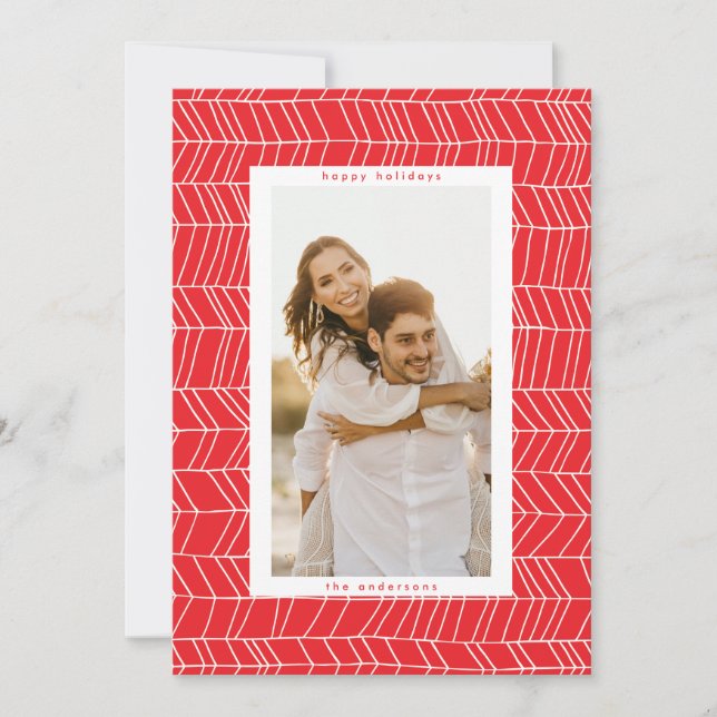 Minimalist Red White Christmas Candy Cane Border Holiday Card (Front)