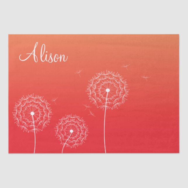 Minimalist Red White Dandelion Name Cute Floral  Tissue Paper (Front)
