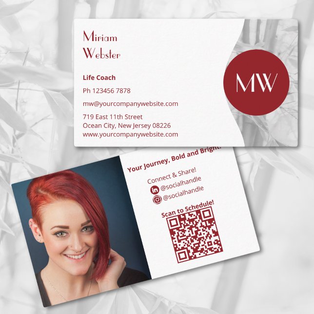 Minimalist Red White Life Coach Personal Business Card (Minimalist Red White Life Coach Personal Business Card, Profile Photo, QR code, Initials)