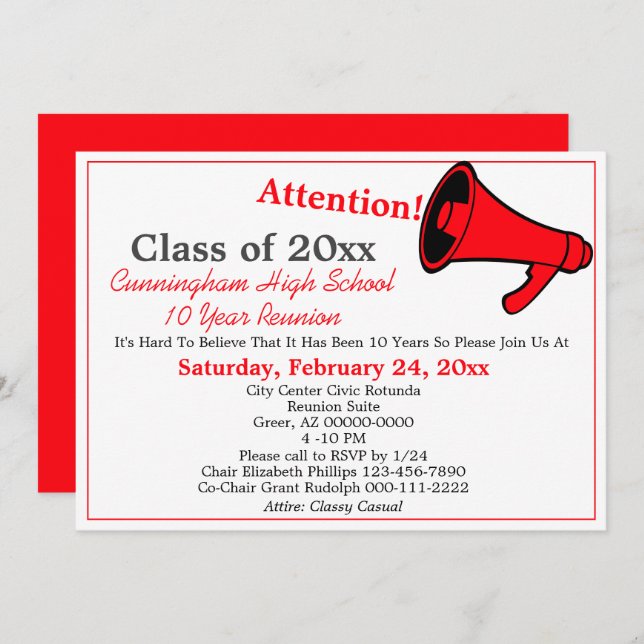 Minimalist  Red White School Class Reunion Invitation (Front/Back)