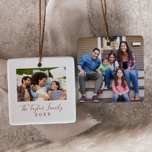 Minimalist Red Yearly Family Photo Ceramic Ornament