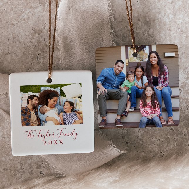 Minimalist Red Yearly Family Photo Ceramic Ornament (Creator Uploaded)