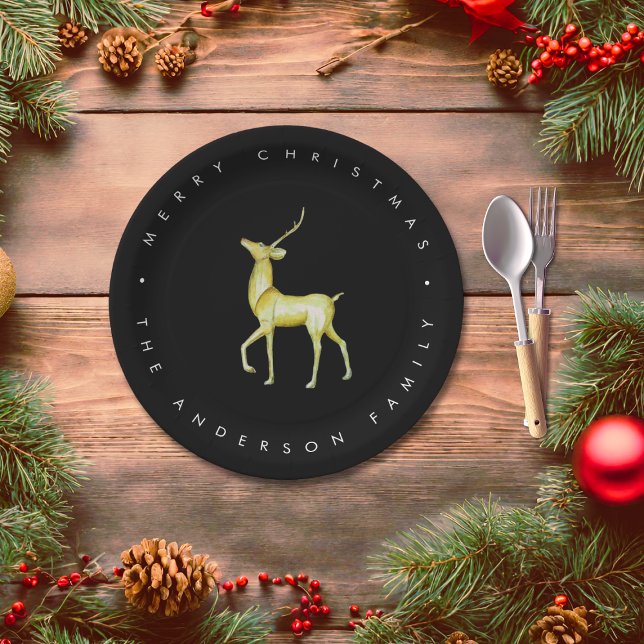 Minimalist Reindeer Black and White Christmas Paper Plate (Creator Uploaded)
