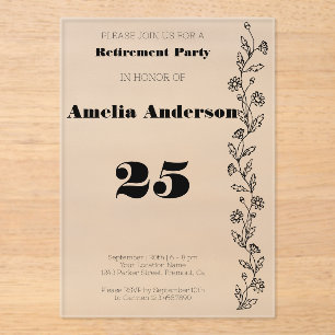 Minimalist retirement modern daisy black acrylic invitations