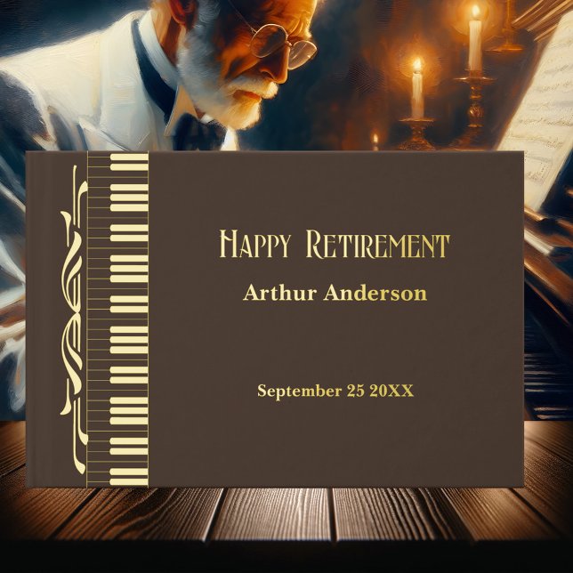 Minimalist Retirement Music Keyboard Real Foil  Guest Book (Retirement guest book showing a music keyboard with art deco style design and your text in real foil)