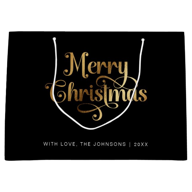 Minimalist Retro Chic Black Gold Merry Christmas Large Gift Bag (Front)