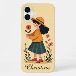 Minimalist Retro Girl Floral Mod 60s Art Gift iPhone 16 Plus Case