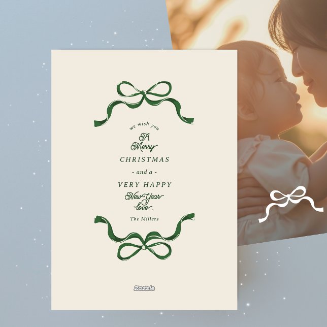 minimalist retro green bows photo holiday card (Creator Uploaded)