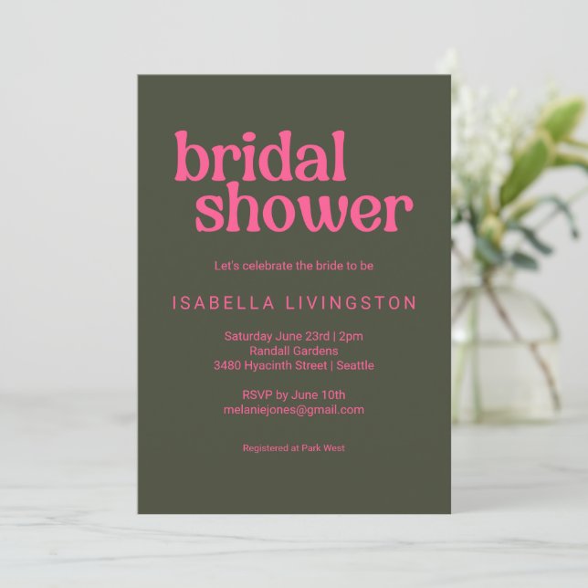 Minimalist Retro Groovy Pink Green Bridal Shower Invitation (Standing Front)