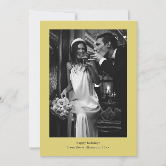 Minimalist Retro Photo Yellow Wedding Couple Holiday Card (Front)