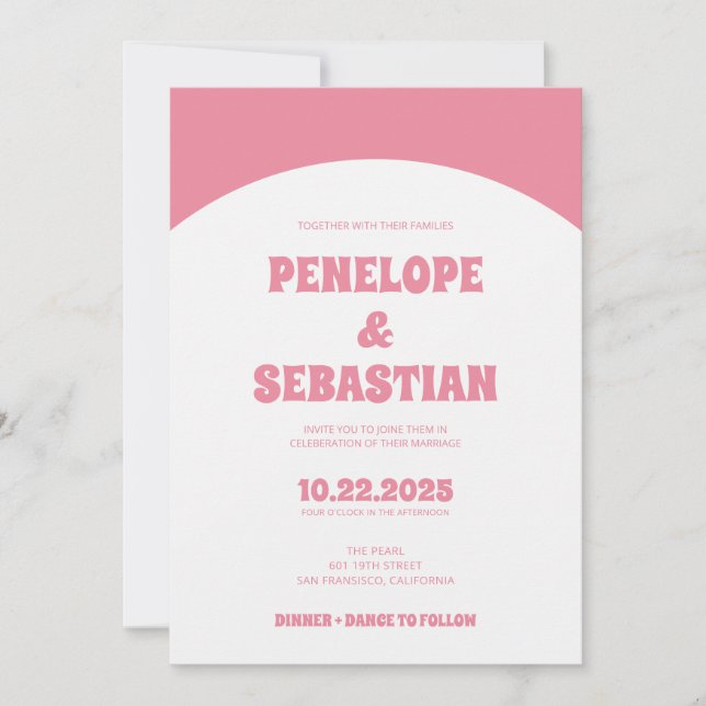  Minimalist Retro Pink Groovy Photo Wedding Invitation (Front)