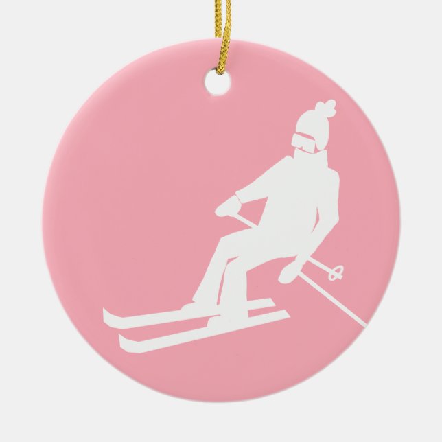 Minimalist Retro Skier Winter Pink White    Ceramic Ornament (Front)