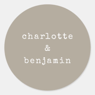 Minimalist Retro Typewriter Couple Names Taupe Classic Round Sticker