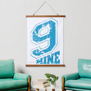 Minimalist Retro Typography Blue Number Nine Hanging Tapestry