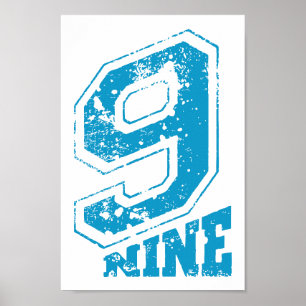 Minimalist Retro Typography Blue Number Nine Poster