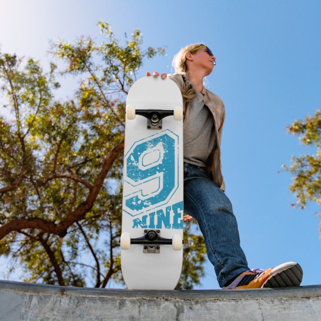 Minimalist Retro Typography Blue Number Nine Skateboard (Outdoor 1)