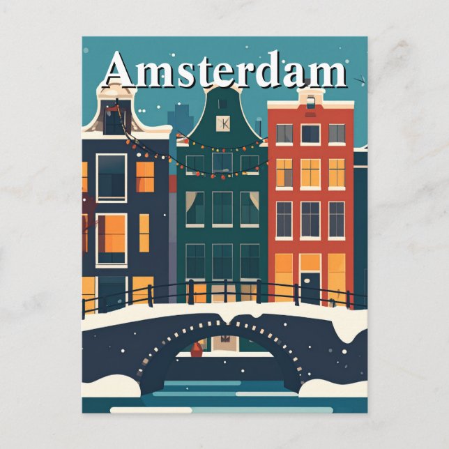 Minimalist Retro Winter in Amsterdam Canal Houses  Postcard (Front)