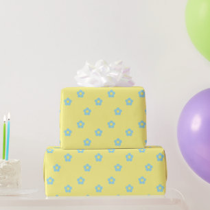 Minimalist Retro Y2k Pastel Blue Flowers Yellow Wrapping Paper