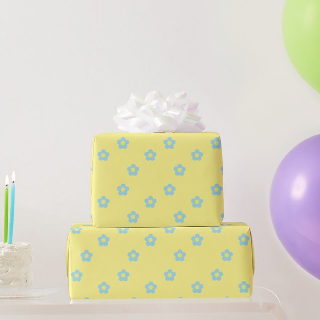 Minimalist Retro Y2k Pastel Blue Flowers Yellow Wrapping Paper (Party Gifts)