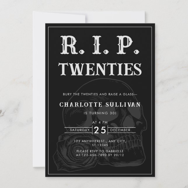 Minimalist Rip 20s Black White Skull 30th Birthday Invitation (Front)