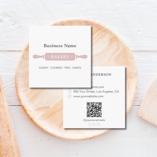 Minimalist Roller Bakery White Pink Square Business Card (Minimalist Roller Bakery White Pink Square Business Card)