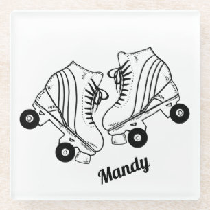 Minimalist Roller Skates Drawing Custom Name   Glass Coaster