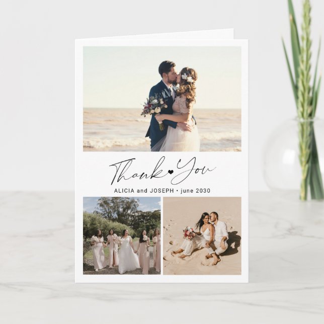 Minimalist romantic 3 photo beach wedding  thank you card (Front)