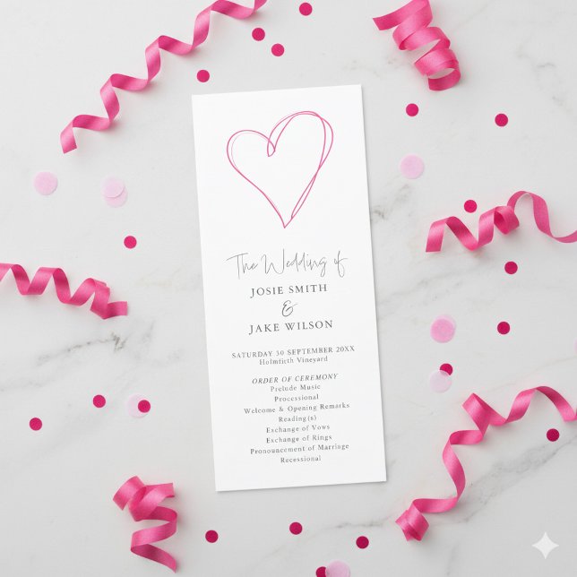 Minimalist Romantic Pink Heart wedding Ceremony Program (Fun wedding program with hand drawn style pink heart.)