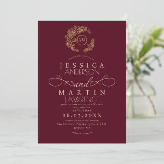 Minimalist Romantic Script Burgundy Gold Wedding Invitation