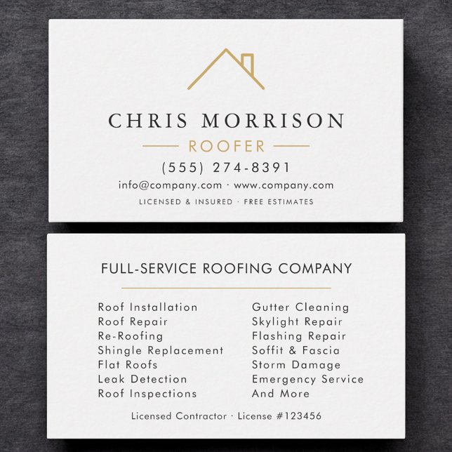 Minimalist Roofer White Gold Modern Business Card (Creator Uploaded)