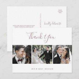 Minimalist Rose Gold 3 Photo Template Thank You Postcard