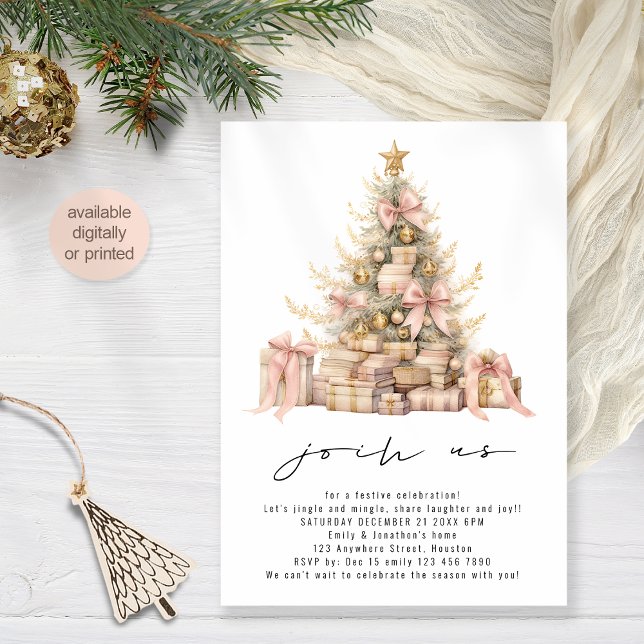 Minimalist Rose Gold Blush Christmas Party Invitation (Available digitally and printed)
