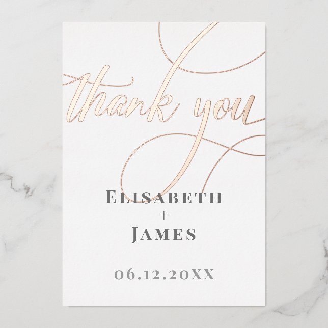 Minimalist Rose Gold Calligraphy Thank You Wedding Foil Holiday Card (Front)