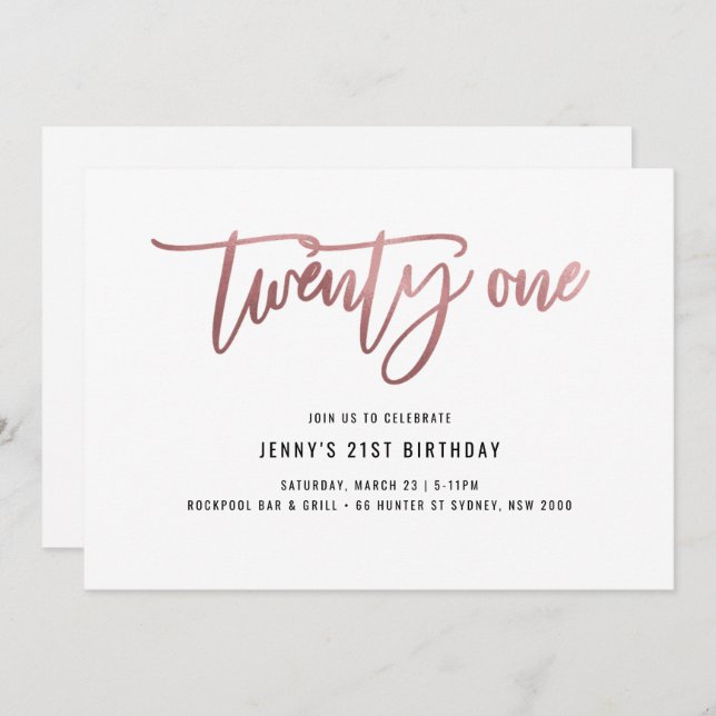 Minimalist Rose Gold Foil 21st Birthday Invitation (Front/Back)