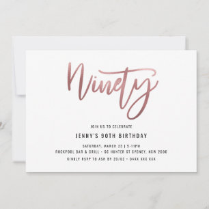 Minimalist Rose Gold Foil 90th Birthday Invitation