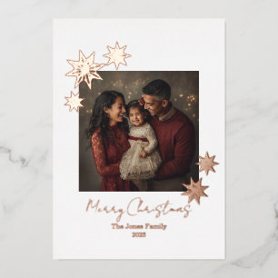 Minimalist Rose Gold Foil Merry Christmas 1 Photo Foil Holiday Card