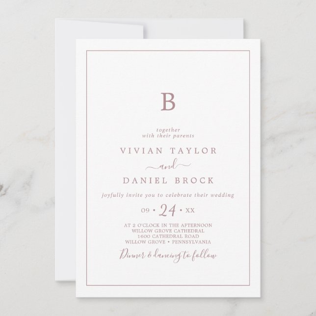 Minimalist Rose Gold Monogram Wedding Invitation (Front)