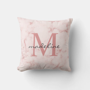 Minimalist Rose Gold Pink Marble Monogram Cushion