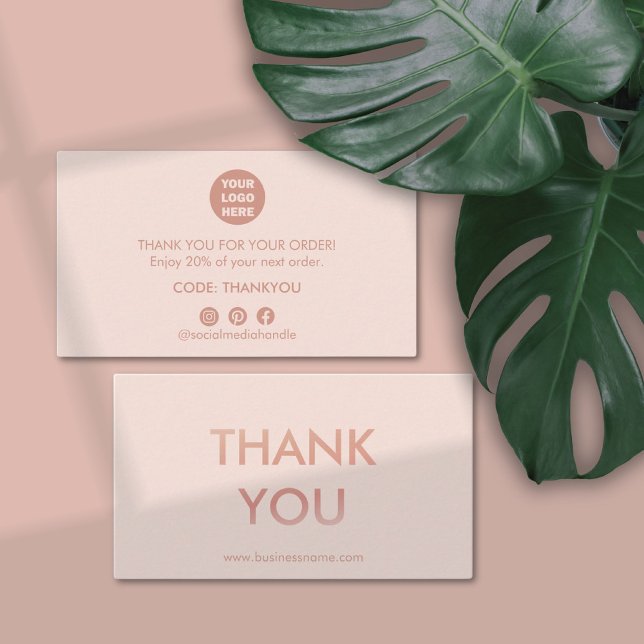 Minimalist Rose Gold Pink Thank You Business Card (rose gold pink thank you business card for curstomer order)