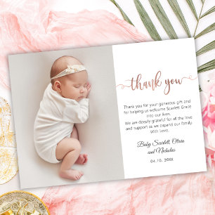 Minimalist Rose Gold Script Baby Photo Thank You Card