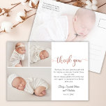 Minimalist Rose Gold Script Baby Photo Thank You P Postcard<br><div class="desc">Simple Modern Elegant Rose Gold Script Newborn Baby 3 Photo Collage Thank You Postcard. Featuring a beautiful "thank you" text in a cursive handwritten calligraphy swash tail font script in faux rose gold foil (or blush pink foil) and pre-made personal message. 3 Photo on front and at the back side...</div>