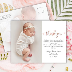 Minimalist Rose Gold Script Baby Photo Thank You Postcard