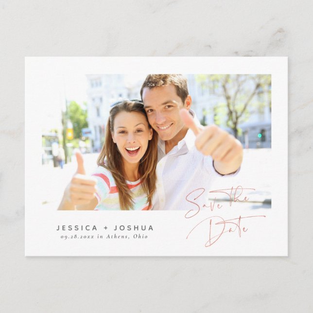Minimalist Rose Gold Script Photo Save the Date Postcard (Front)
