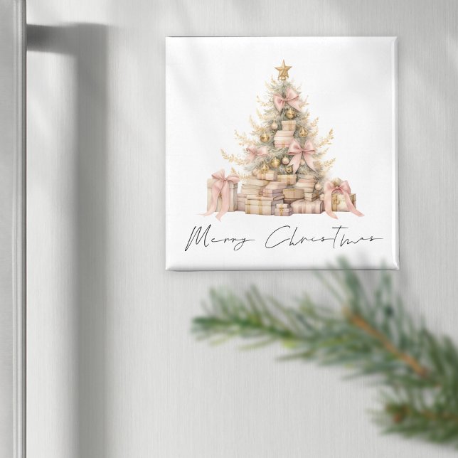 Minimalist Rose Gold Script Tree Merry Christmas Magnet (Creator Uploaded)