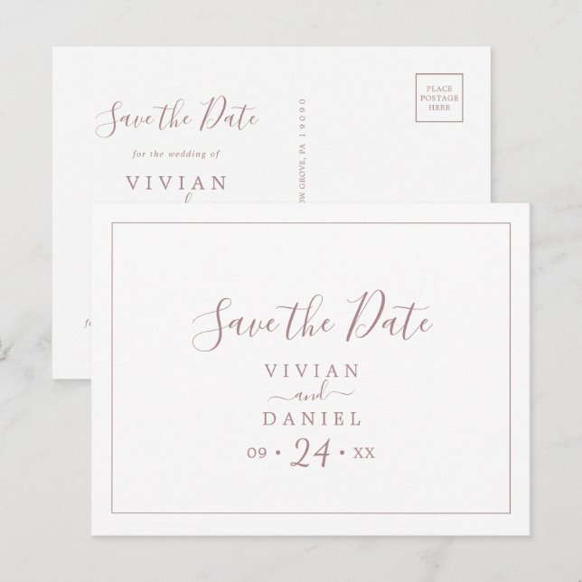 Minimalist Rose Horizontal Save the Date Postcard (Front/Back)