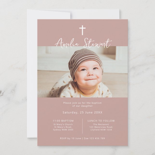 Minimalist rose pink photo baptism christening invitation (Front)
