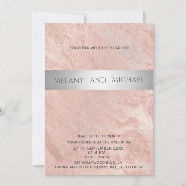 Minimalist rosegold marble silver stripe invitation (Front)