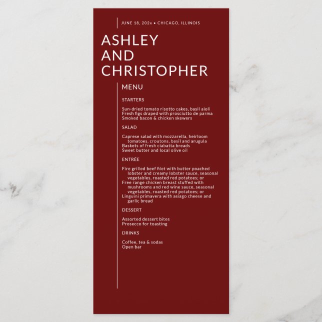 Minimalist Ruby Red Isolated Names Wedding Menu (Front)