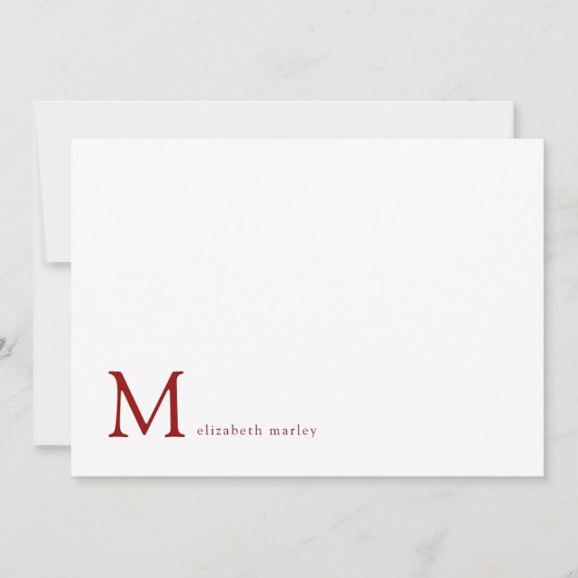 Minimalist Ruby Red Monogram Correspondence  Card (Front)