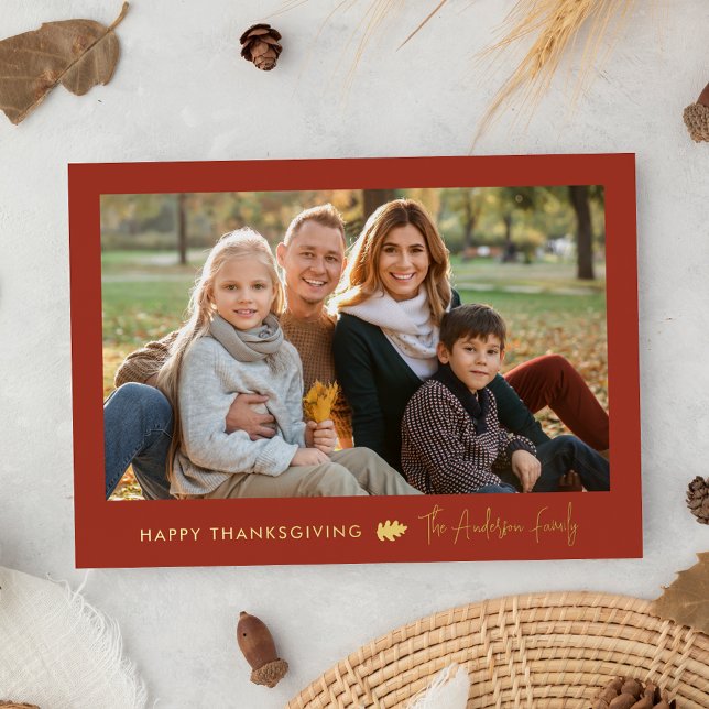 Minimalist Rust Red and Gold Thanksgiving 2 Photo Foil Holiday Card (Creator Uploaded)